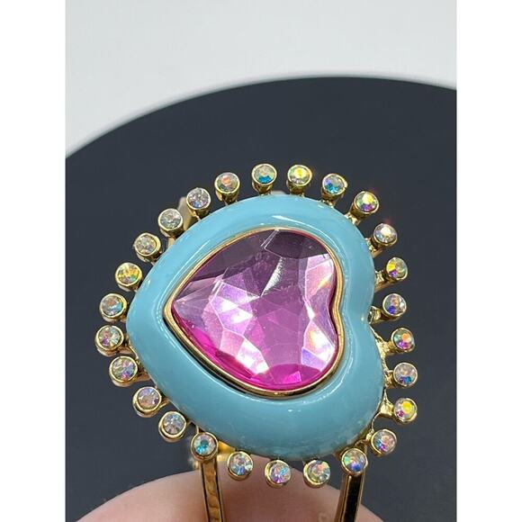 Betsey Johnson Signed Candy Land Pink Heart Rhinestone Blue Enamel Bangle - Picture 15 of 16